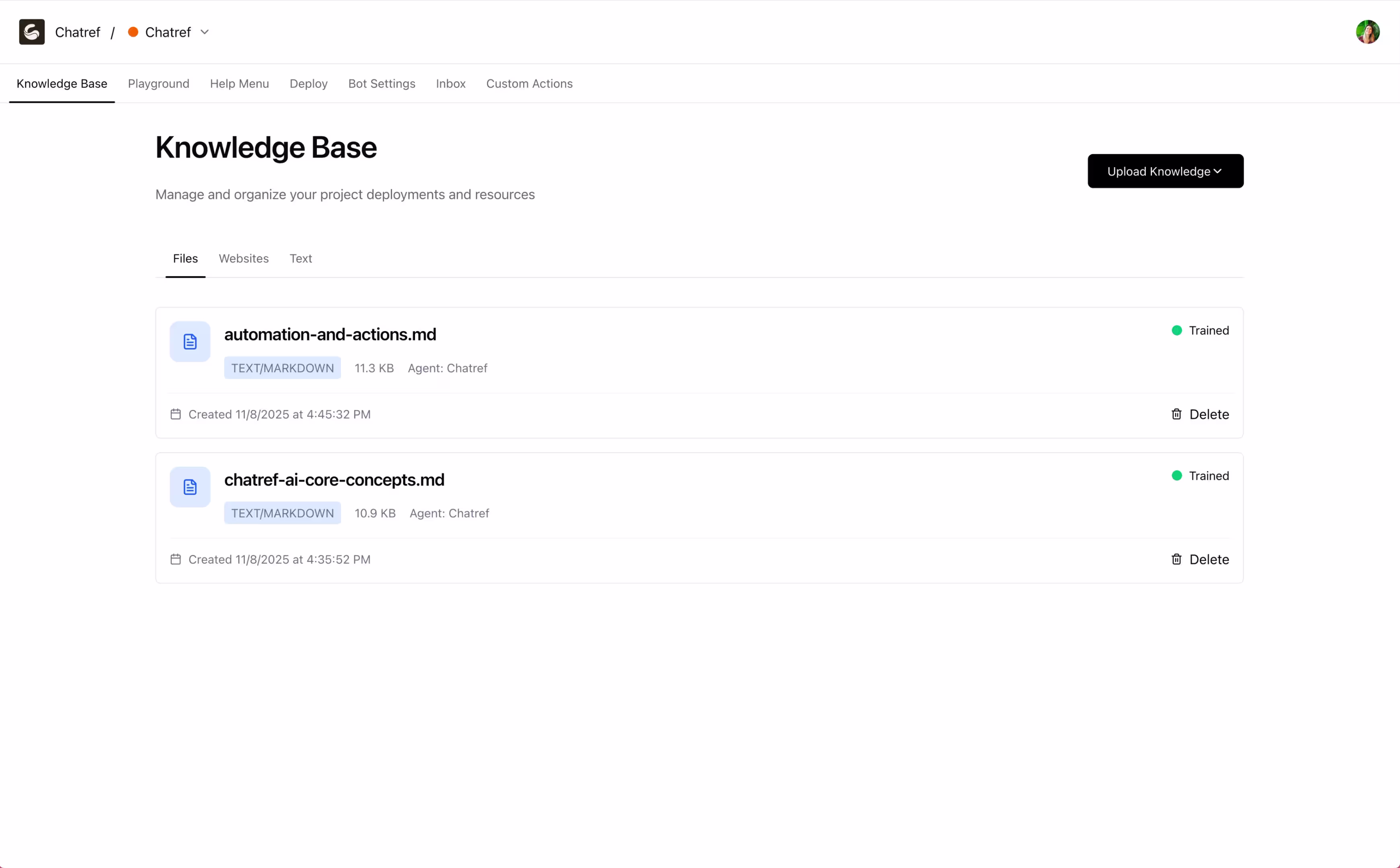 Upload PDFs, site URLs, and docs to create a RAG-powered knowledge base for your AI chatbot.